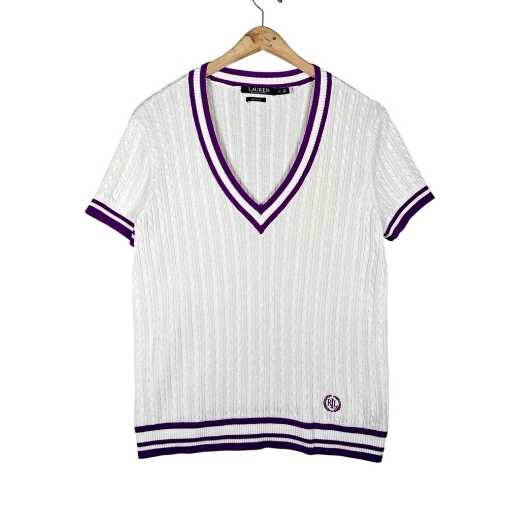 RALPH LAUREN Vintage Embroidered logo Cable Knit Short Sleeve Cricket Sweater - Picture 7 of 7